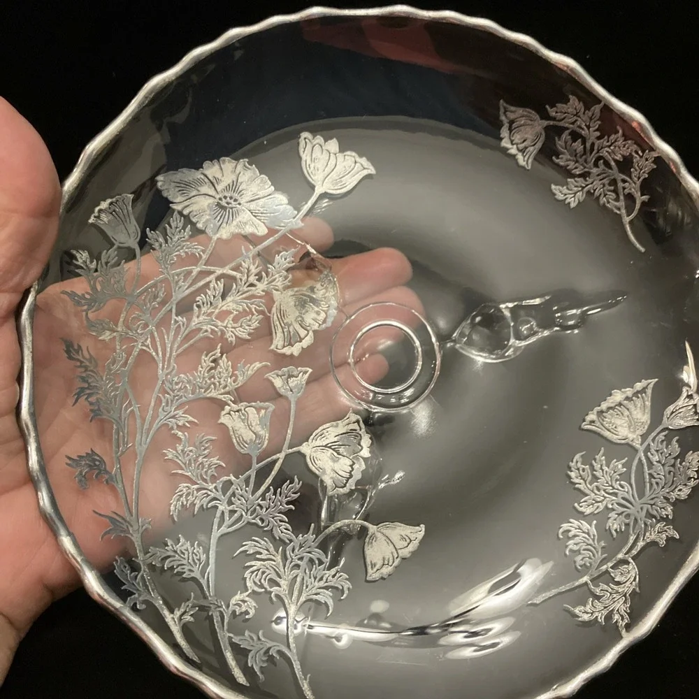 VTG Silver City Flanders Silver Overlay Glass Footed Tray Poppy Floral Design